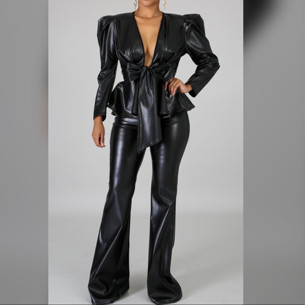 Wide leg two piece artificial leather suit.